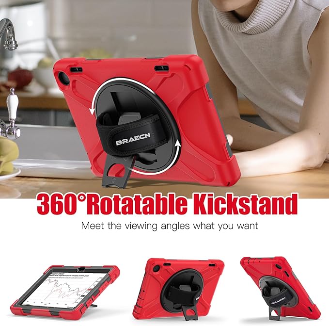 BRAECNstock for Amazon Fire HD 8 Tablet Case 12th Generation 2024/2022 8 inch with Rotating Hand Strap + Stand Shoulder Strap Pen Holder Shockproof Protective Kindle Fire HD 8 12th Gen Kids Case - Red