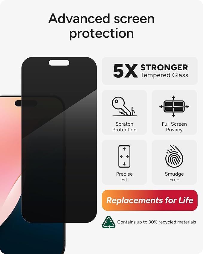 ZAGG Glass Elite Privacy 360 Screen Protector for iPhone 16 Pro – 4-Way Privacy Ultra-Strong Tempered Glass 5X Stronger Smudge-Resistant Easy Install Recycled Content