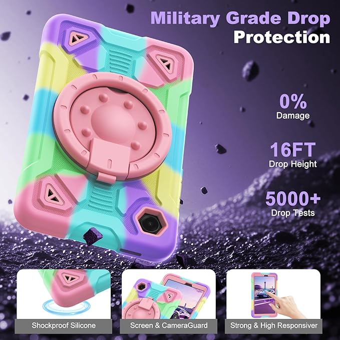 DreamerX for Samsung Galaxy Tab A11 / Tab A9 8.7-Inch 2025/2023 Kids Case with Strap Shockproof Girls Girly Cute Cover w/ 360 Rotating Handle Stand for Galaxy Tab A11+ Tablet 11-inch Purple/Colorful