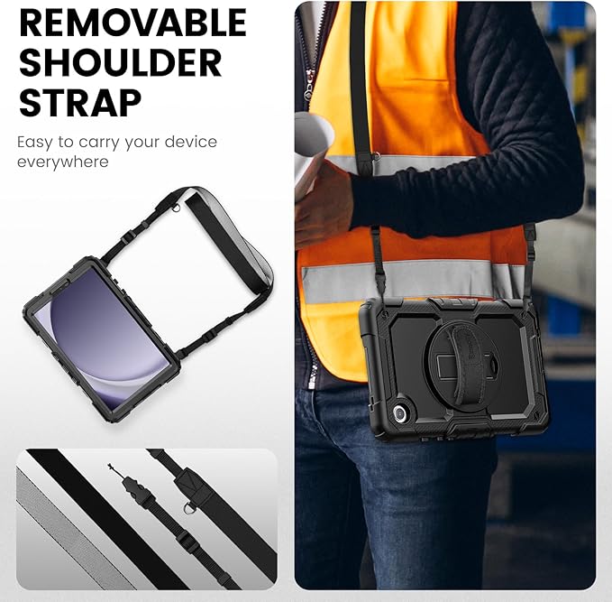 Timecity for Samsung Galaxy Tab A9 Case 8.7 inch (SM-X110/X115/X117) with Built-in Screen Protector 360° Rotating Stand Hand Strap&ampShoulder Strap Case for Galaxy Tab A9 4G LTE Tablet- Black