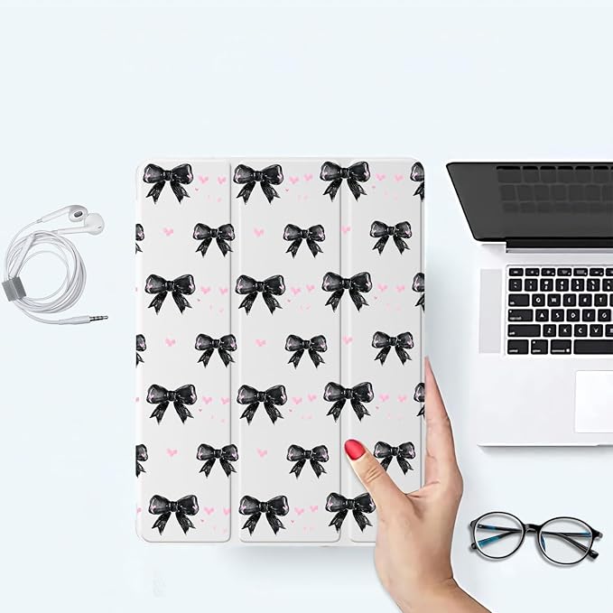 Cute Black Bowknot Case for iPad 9th/8th/7th Generation 10.2 Inch (2021/2020/2019 Release)Girly Y2K Protective CasePencil Holder &amp Clear Transparent Soft TPU Back &amp Trifold White Cover
