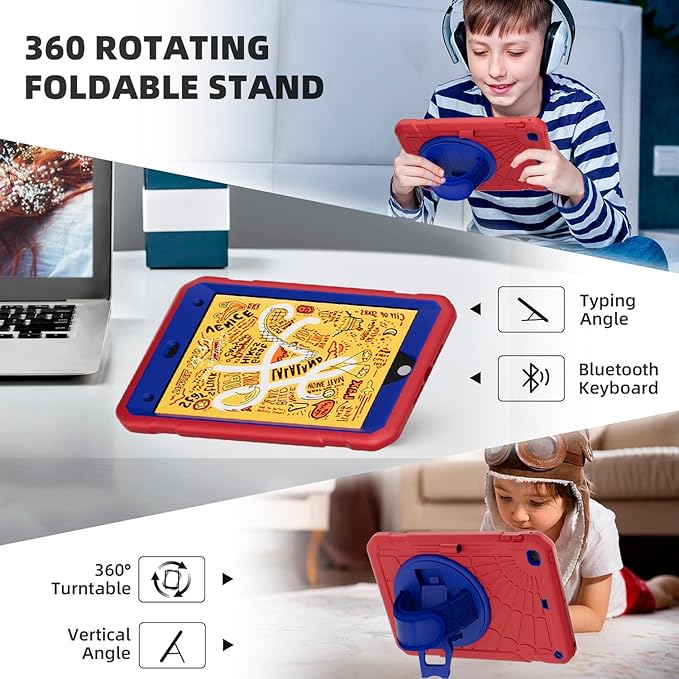 Case for iPad mini 5/4 with Screen Protector Pencil Holder [360 Rotating Hand Strap] &amp Stand Drop-Proof Case for iPad mini 5th/4th Generation 7.9 inch(Red)