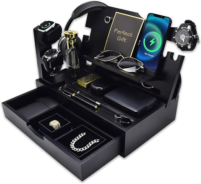 Nightstand Organizer for Men with Large Drawer Wood Phone Docking Station for Phone Apple Watch Wallet &amp Keys Ideal Birthday Gift for Father Husband Bedside Desk Organizer (Black)