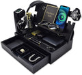 Nightstand Organizer for Men with Large Drawer Wood Phone Docking Station for Phone Apple Watch Wallet &amp Keys Ideal Birthday Gift for Father Husband Bedside Desk Organizer (Black)