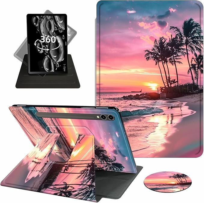 Case for Samsung Galaxy Tab S10 Plus/ S9 FE Plus/ S9 Plus 5G Tablet 12.4 Inch Case360 Degree Rotating Swivel PU Leather Stand Flip Folio Cover with Auto Wake/SleepPink Beach Sunset