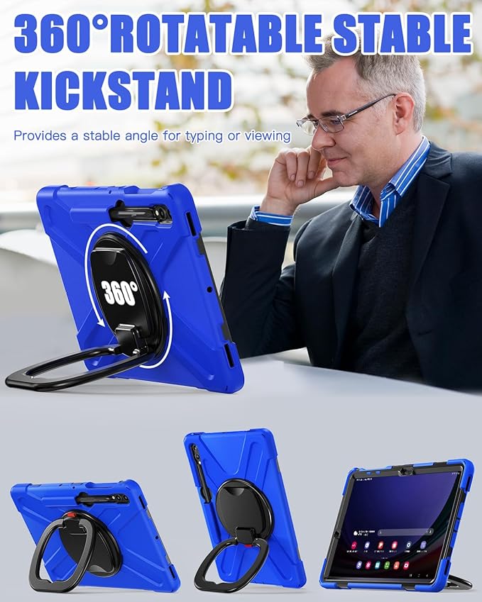 BRAECN Case for Galaxy Tab S10+/S9 FE+/S9+/S8+/S7 FE/S7+ 12.4 Inch SM-X820/X810/X800 Rugged Silicone Cover with Screen Protector Kickstand Shoulder Strap S Pen Holder for Galaxy Tab S9 Plus Blue