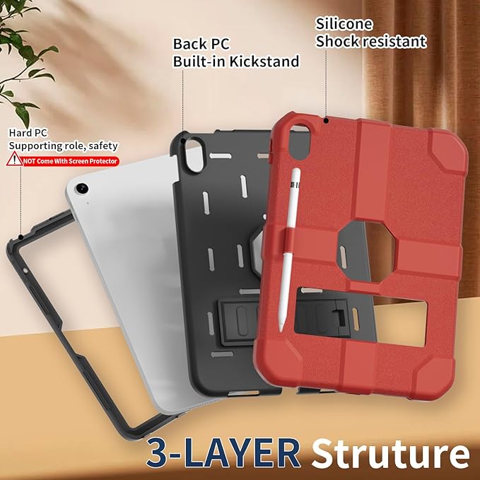 Case for iPad (A16) 11th Generation 11 Inch 2025 / iPad 10th Generation 10.9 Inch 2022 Rugged Heavy Duty Protective Cover [Built-in Pencil Holder ] for iPad 11/10 Gen (Red)