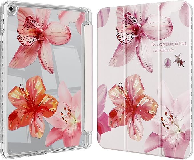 Fycyko Trifold Stand Case for iPad 10.2 InchiPad 9th/8th/7th Generation 2021/2020/2019 Aesthetic Ded Hibiscus Flower Print with Pencil Holder Shockproof Protective CoverDed Flower