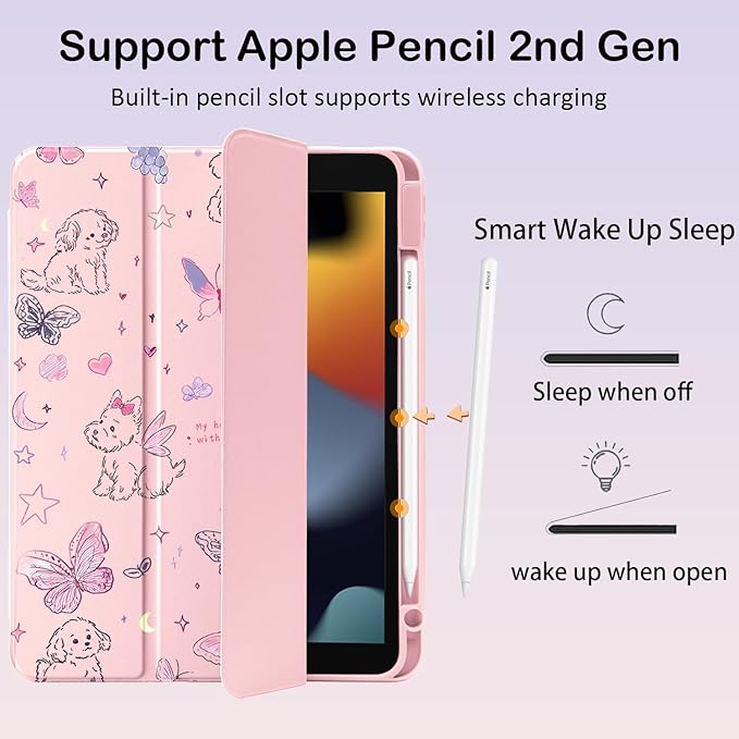 Cute Kawaii Puppy Butterfly for iPad (A16) 11th Gen Case 11 Inch 2025 for iPad 10th Gen Case 10.9 Inch 2022 with Pencil Holder Auto Sleep/Wake Pink Leather Clear Acrylic Back Cover