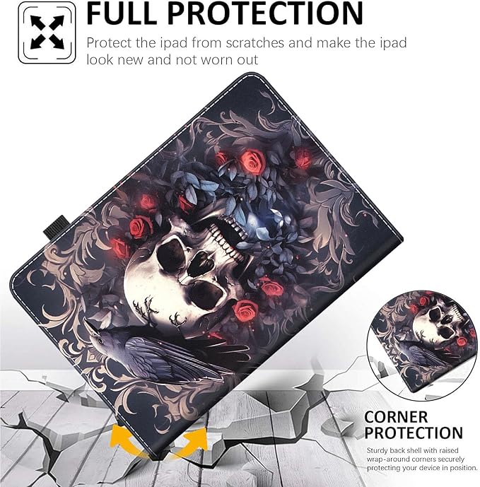 Case Fits Amazon Kindle Fire HD 8 &amp 8 Plus Tablet (12th Generation/10th Generation 2022/2020 Release) 8 Multi-Angle Smart Stand Cover Auto Sleep/Wake Raven on Skull with Flowers Roses