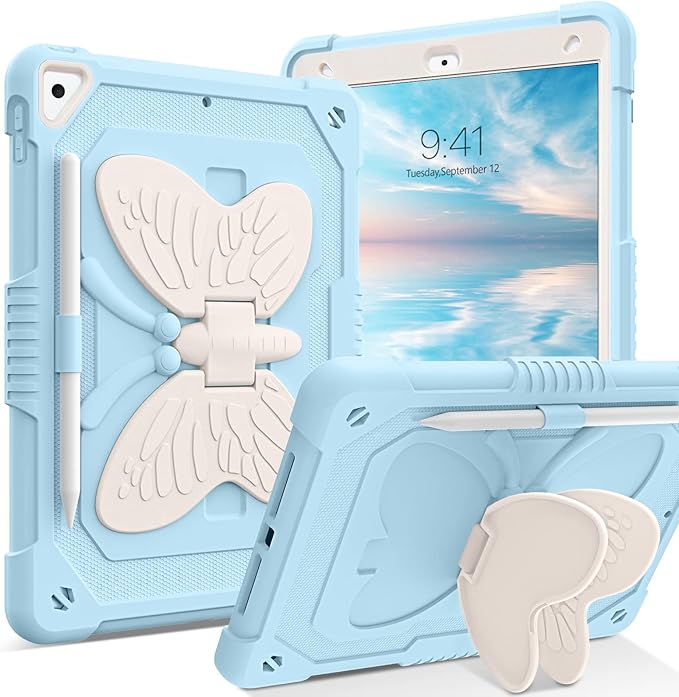 YINLAI Case for iPad 9th 8th 7th Generation 10.2 Inch iPad air 3rd Case with Pencil Holder Butterfly Kickstand Kid Girl Shockproof Protective Cover for iPad 9 8 7 Gen 2021/2020/2019 Blue
