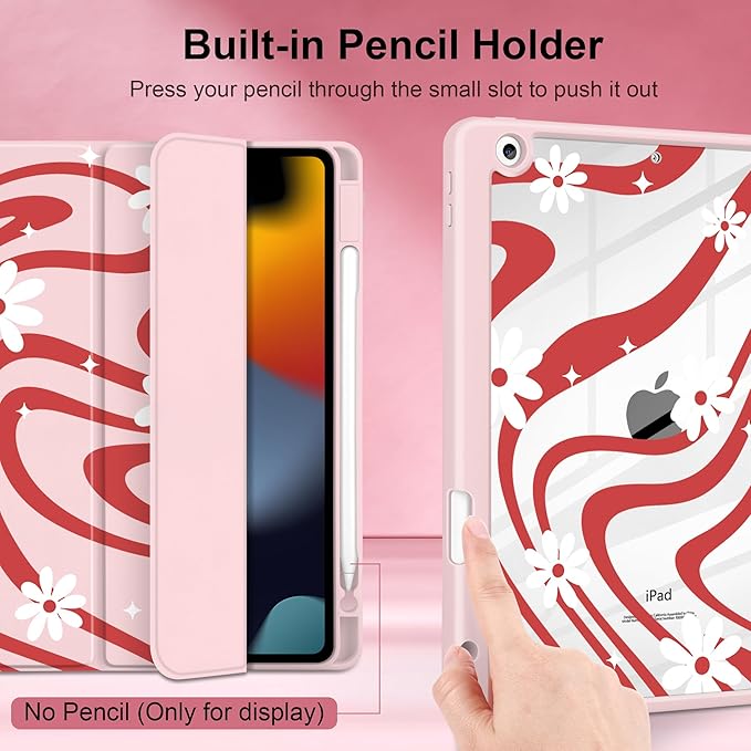 DONGKE for iPad 9th/8th/7th Generation Case 10.2 Inch (2021/2020/2019) [Auto Sleep/Wake &amp Pencil Holder] Clear Acrylic Back Trifold Stand Cover Swirl &amp Daisy