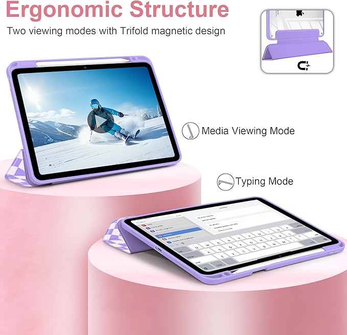 TWOLSKOO Case for iPad Air 11-inch (M4 2026 / M3 2025 / M2 2024) Clear Acrylic Back with TPU Bumper Pencil Holder Trifold Stand Auto Sleep/Wake Purple Wavy Checker