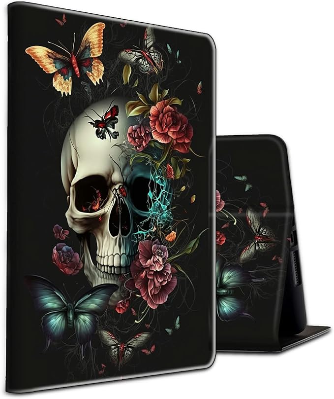 for 10.1 Amazon Fire HD 10 Tablet (13th Generation 2023 Release)PU Leather Multi-Angle Anti Slide Stand Cases with Auto Wake/SleepButterfly Skull Flower