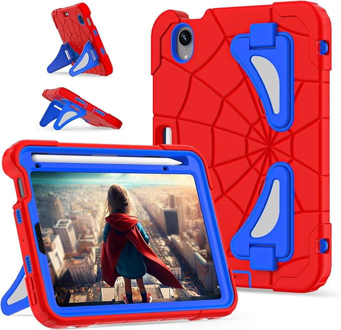 Kids Case for iPad mini 7 A17 Pro 2024/ Mini 6 8.3 inch Spider Case for iPad mini 7th 6th Generation Shockproof Durable Full Protective Cover with Pencil Holder Kickstand (Red+Blue)