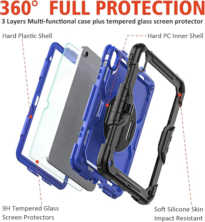 Ambison Case for iPad (A16) 11th/10th Generation 11''/10.9'' 2025/2022 [Kid Proof] Full Body Protective Case with 9H Tempered Glass Screen Protector 360° Rotatable Kickstand &amp Hand Strap (Blue)
