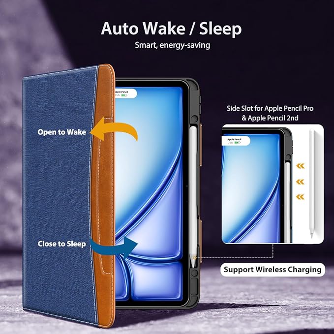 MoKo Case for iPad Air 13 Inch (M3 2025/M2 2024) &amp iPad Pro 12.9 2022/2021 with Pencil Holder Premium Leather Folio Stand Cover for iPad Air 13 Inch/iPad Pro 12.9 Inch 6th/5th GenDenim Blue &amp