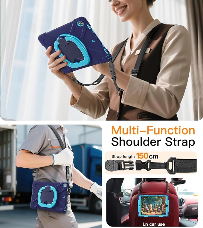 BATYUE iPad Air 3rd Generation Case 2019 / iPad Pro 10.5 inch Case 2017 Rugged Heavy Duty Protective Cover with Pencil Holder 360° Swivel Stand Shoulder Strap for Kids (Navy Blue+Blue)
