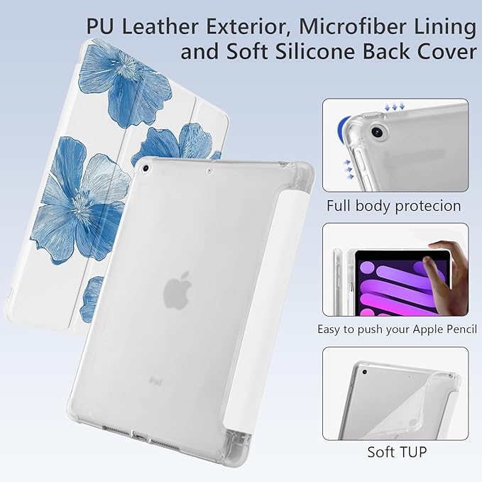 Cute Flower Floral for iPad Air 11 Inch Case 7th/6th Generation (M3/M2) 2025/2024 with Pencil Holder Auto Sleep/Wake White Leather Soft TPU Back Cover