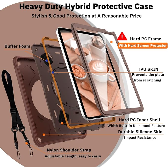 Case for iPad A16 11-inch (2025) &amp iPad 10th Gen 10.9-inch (2022) HD Screen Protector Strong Military-Grade Full-Body Shockproof Protection 360° Rotating Handle Strap &amp Shoulder Strap Choc
