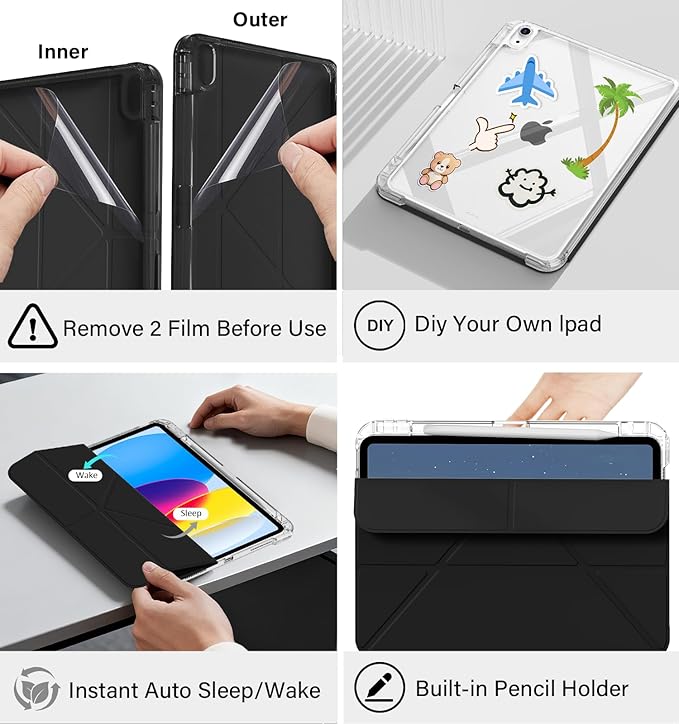 JKSML Case for iPad (A16) 11th/10th Gen with 8+ Viewing Angles DIY Detachable Sliding Cover Fully Clear Hard Back Shell Solid Y-fold Stand Pencil Holder for iPad 10.9 (2022)/ 11 (2025)-Black-1