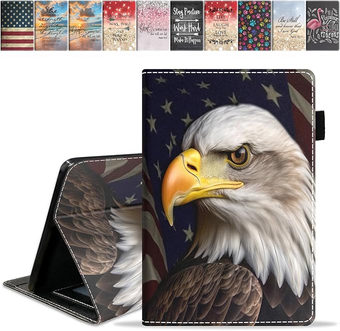Case for Amazon Kindle Fire 7 Tablet (7 9th/7th Generation 2019/2017 Release) Slim PU Leather Cover with Card Slot &amp Auto Wake/Sleep - American Flag Bald Eagle