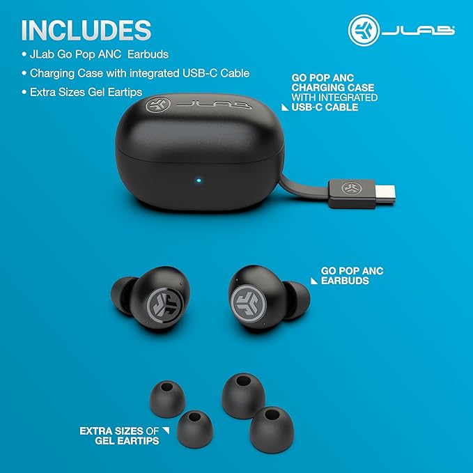 JLab Go Pop ANC True Wireless Earbuds &amp Charging Case Black Active Noise Cancelling 10mm Drivers Dual Connect Customize Your Sound with App Be Aware Mode Compact Fit MEMS Microphone