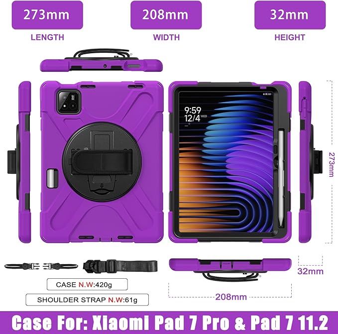 for Xiaomi Mi Pad 7/7 Pro Case 11.2 Shockproof Cover with 360 Rotate Stand Hand/Shoulder Strap Pencil Holder Purple