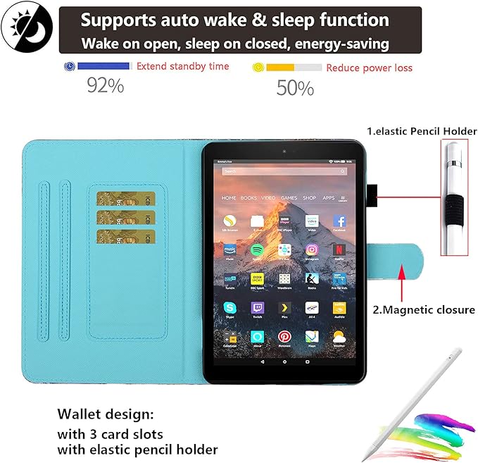 7 Kindle Fire 7 Tablet Case 9th/7th/5th Generation (2019/2017/2015 Release) with Stand Pencil Holder [Auto Wake/Sleep] Slim Smart Magnetic Folio PU Leather &amp TPU Back Cover Rainbow Galaxy