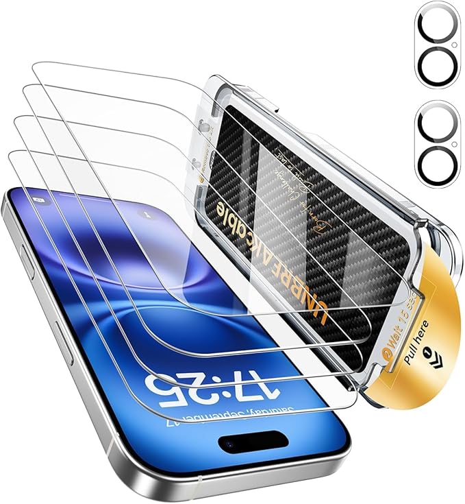 UNBREAKcable for iPhone 16 Screen Protector 4+2 Pack [9H+ Military-Grade Shatterproof] [Effortless Bubble-Free Installation] Ultra HD Clarity Tempered Glass with Lens Protector Case friendly