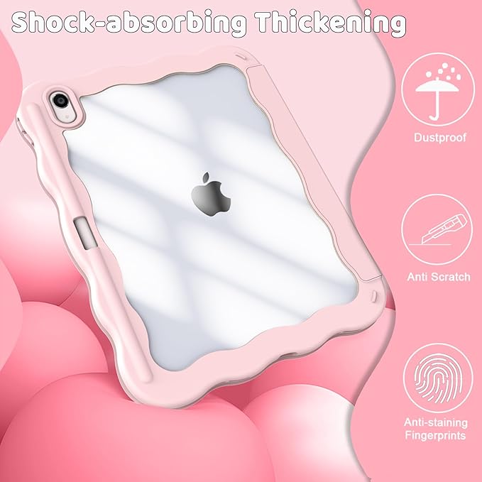 Compatible with iPad (A16) 11th Generation Case 11 Inch 2025 iPad 10th Generation Case 10.9 Inch 2022 with Pencil Holder Wave-Edge Slim Trifold Stand Protective Cover Auto Wake/Sleep Pink