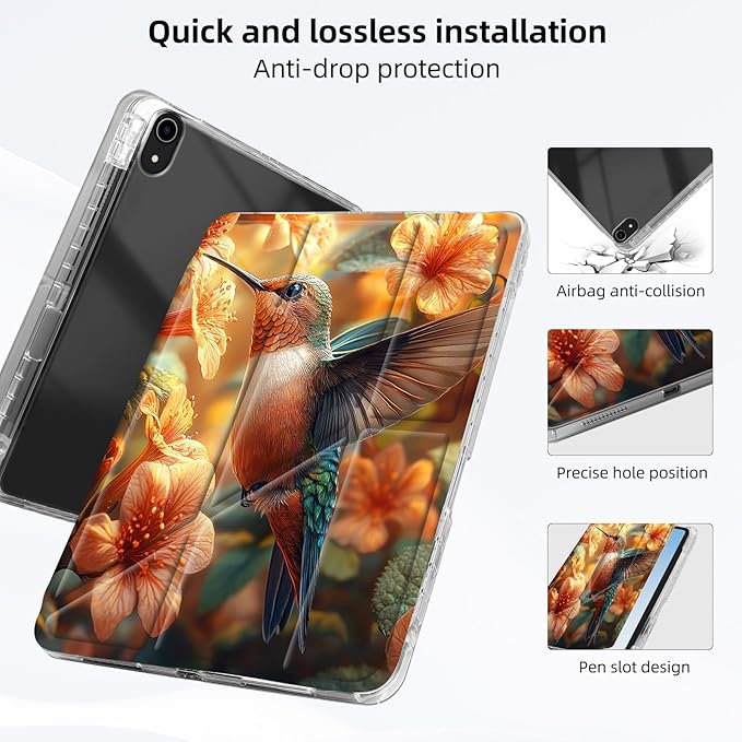 for iPad mini 7 A17 Pro 2024/iPad Mini 6 2021 Case with Pencil HolderFoldable Y-Shaped CoverStylish Clear Multi-Angle Viewing&ampAuto Sleep/Wake Hummingbird Orange Flowers Tablet Case