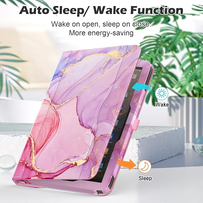 Case for 10 &amp 10 Plus Tablet (13th/ 11th Generation 2023/2021 Released) 360 Degree Rotating Stand PU Leather Cover with Pencil Holder Auto Sleep/Wake Pocket Design Marble Pink