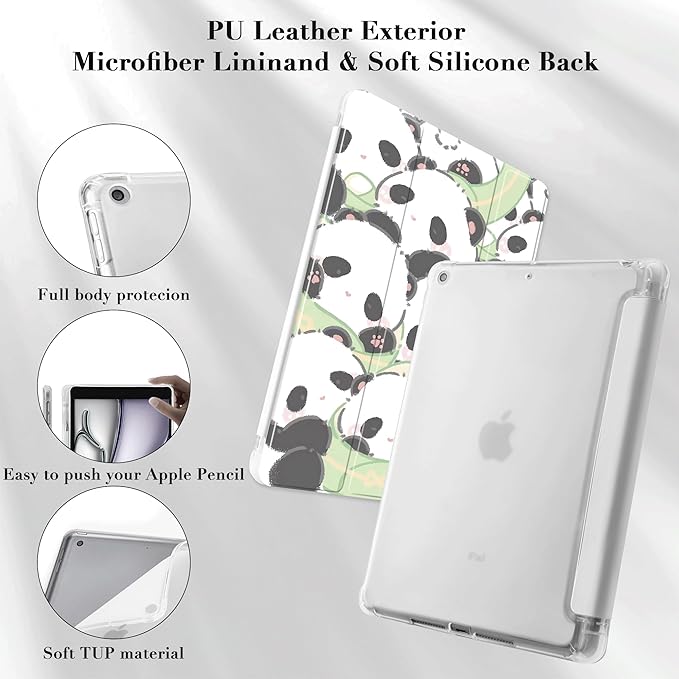 Idocolors Cute Kawaii Bamboo Panda Pad Case for 11 Inch iPad Pro 2022/2021/2020/2018 Clear TPU Trifold Stand Back Cover with Pencil Holder Auto Wake/Sleep Foldable Shockproof Protective Case