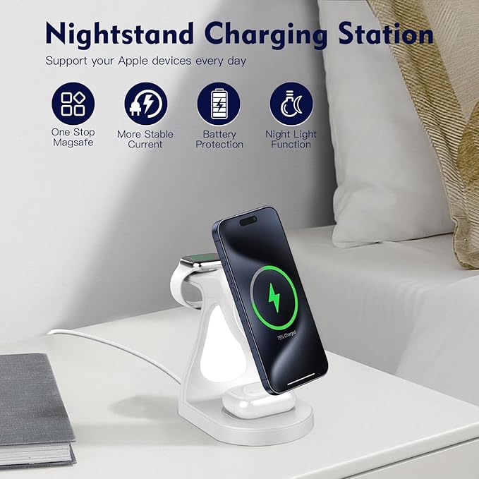 4 in 1 Magnetic Wireless Charger Stand for iPhone 16 15 14 13 12 Pro/Max/Plus/Mini AirPods Pro/3/2 and Watch 9/8/7/6/SE/5/4/3 Fast Charging Station White Dolphin 20W