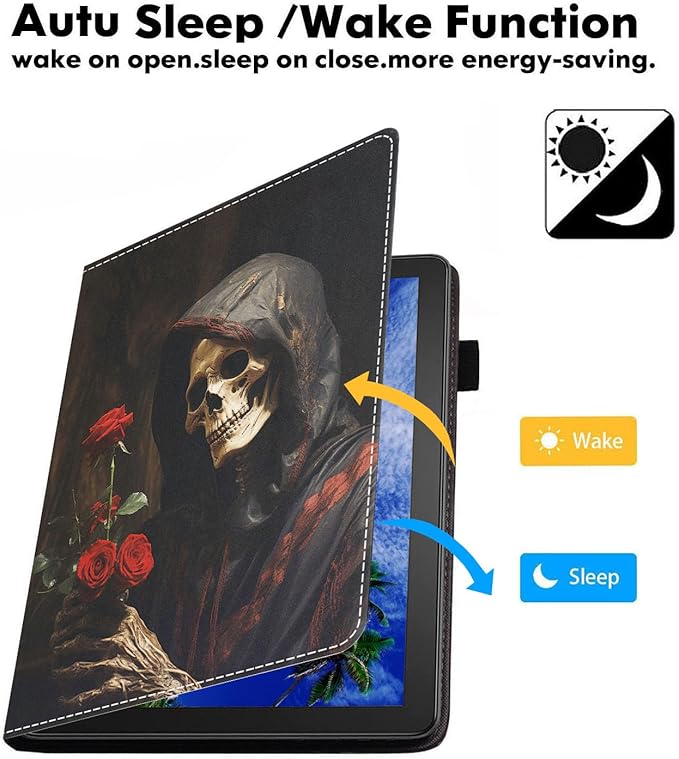 Case for Amazon Kindle Fire 7 Tablet (7 9th/7th Generation 2019/2017 Release) Slim PU Leather Cover with Card Slot &amp Auto Wake/Sleep Skull Rose