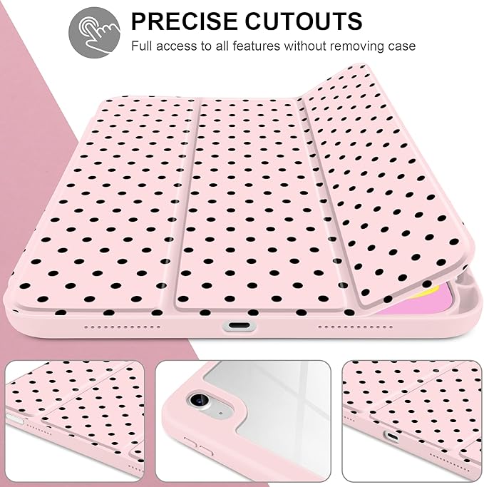 Case for iPad A16 11th Generation 11 inch 2025 iPad 10th Generation 10.9 inch 2022 -[Built-in Pencil Holder] Shockproof Clear Hard Back Trifold Stand Auto Wake/Sleep Pink Polka dot