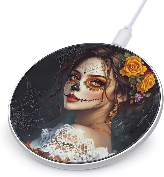 Mexican Day of The Dead Floral Skull Wireless Charger Anti-Slip Wireless Charging Pad Slim Charger Mat for Men Women