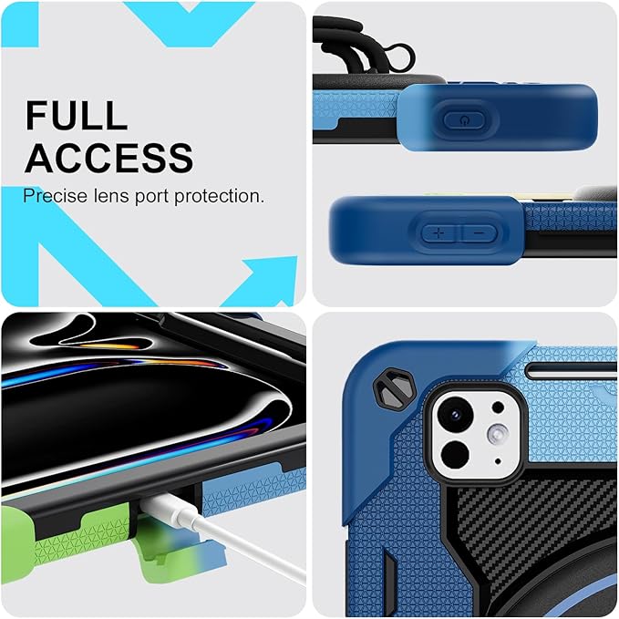 iPad Pro 11 Inch Case M5 2025/M4 2024 Heavy Duty Shockproof Protective Case with Screen Protector 360° Rotating Stand Hand Strap Shoulder Strap Kids Cover Apple Pencil Holder