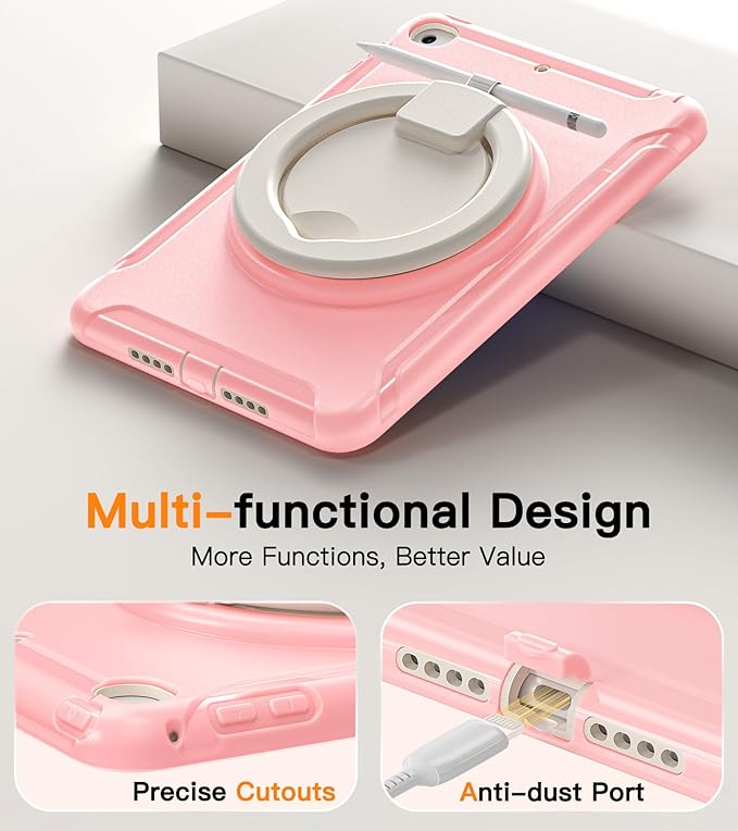BATYUE Shockproof Case for iPad mini 4/5 (2015/2019) - 360° Multi-Angle Stand (Portrait &amp Landscape) &amp Grip Pencil Holder (Elastic Loop) Multi-Scene for All Ages Pink