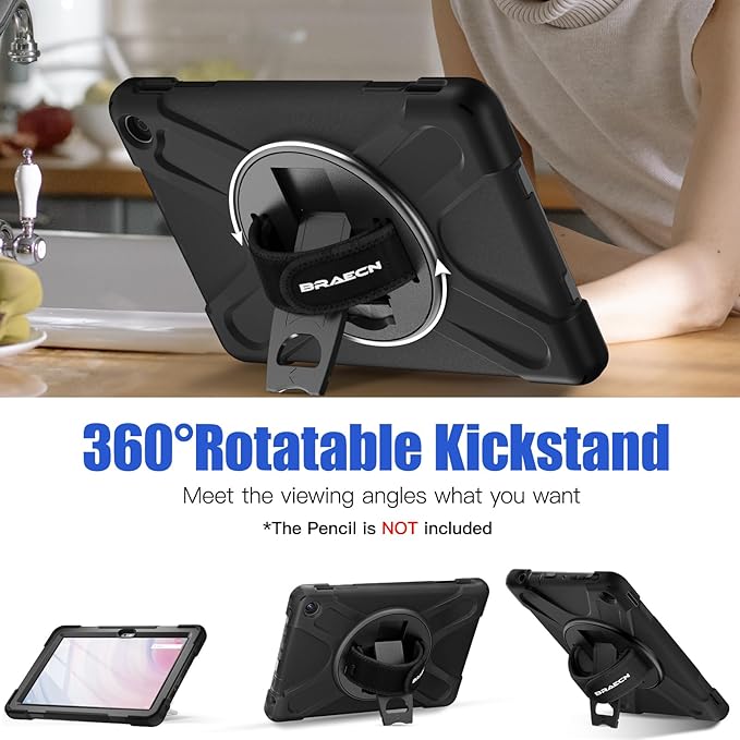 BRAECNstock for Amazon Fire HD 10 Tablet Case (13th Generation 2023) 10.1 Shockproof Protective Kids Case with Screen Protector [Rotating Hand Strap+Stand] Pen HolderShoulder Strap Black