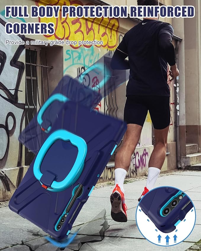 BRAECN Case for 12.4” Samsung Galaxy Tab S10+/ S9 FE+/ S9+/ S8+/ S7 FE/S7+ Plus Rugged Silicone Cover w/S Pen Holder Screen Protector Handle Grip/Kickstand Shoulder Strap Navy Blue