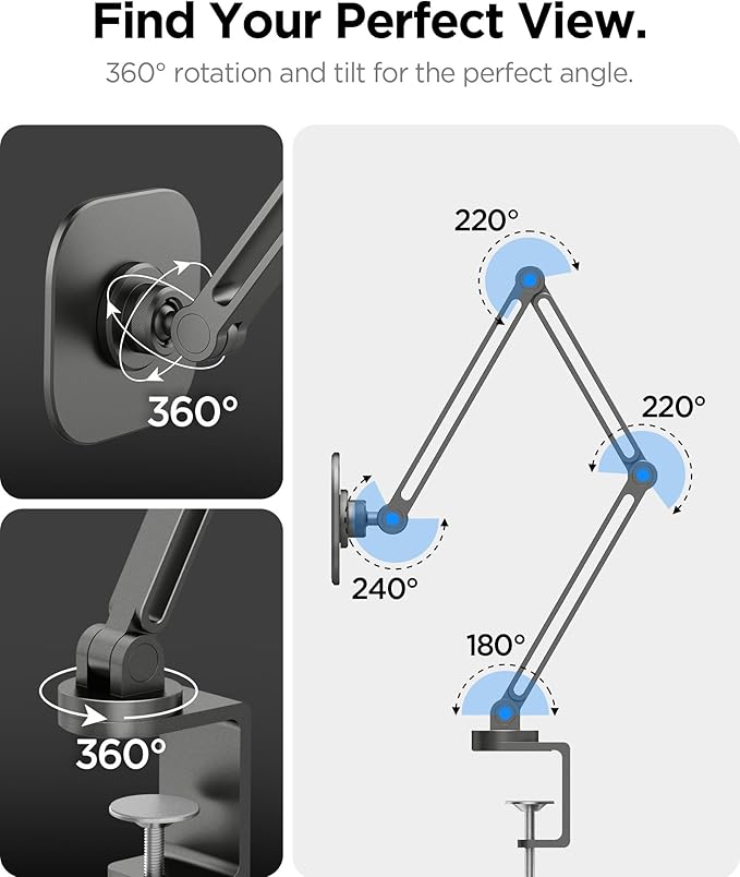 Spigen OneTap Clamp Tablet Stand Designed for All iPad/Pro/Air/Mini Models Compatible with 8.3 / 10.9 / Pro 11 / 12.9 / 13 Premium Adjustable Multi-Angle Magnetic Stand - Space Gray