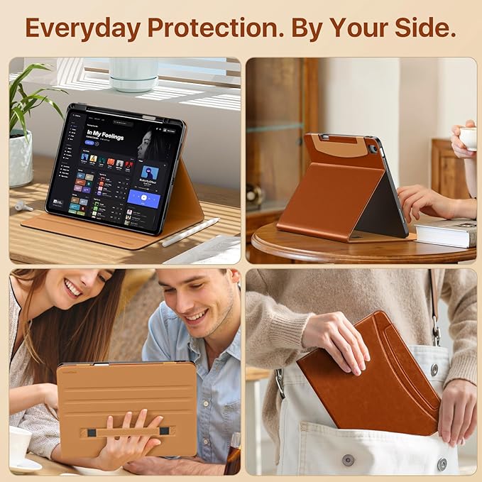 MoKo Case for iPad Air 13-inch (M4) 2026 / (M3) 2025 / (M2) 2024 with Pencil Holder &amp Hand Strap &amp Pocket Premium Leather Folio Stand Cover Multiple Viewing Angles Brown