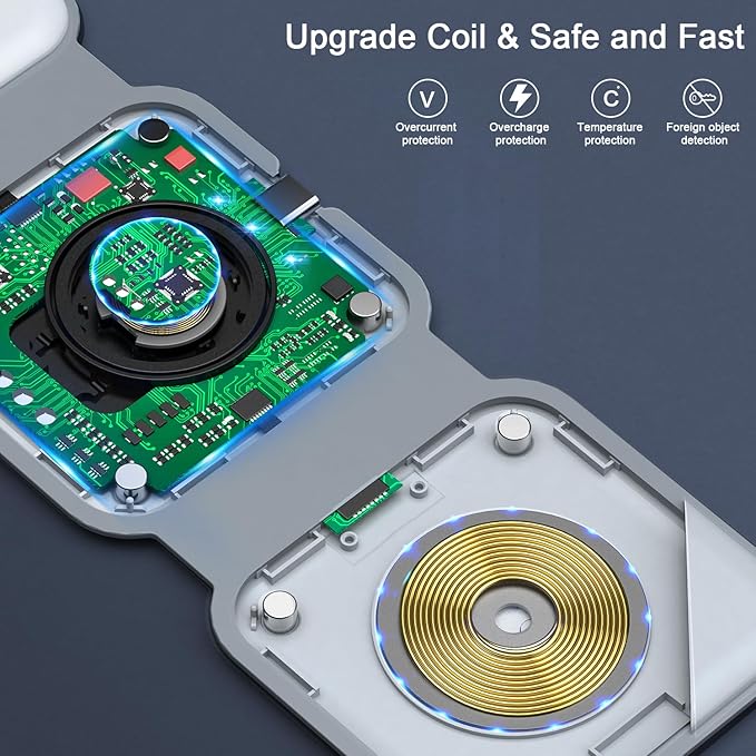 Wireless Charger 3 in 1RTOPS Magnetic Travel Wireless Charging Station Multiple DevicesGaN 3 in 1 Charging StationCompatible for iPhone16/15/14/13/Pro/MaxiWatchearbud4/3/2/Pro(Adapter Includes)