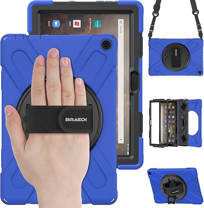 BRAECN Case for Amazon Fire HD 10 11th Generation 2021 / Amazon Fire HD 10 11th Generation 2021 Heavy Duty Kids Case with Hand Strap Kickstand and Shoulder Strap for Fire HD 10 2021 Tablet-Blue