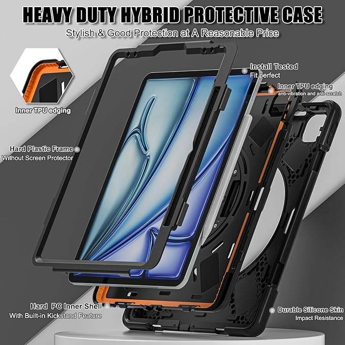 for iPad Air 13-inch M2 (2024) A2898/A2899 for iPad Pro 12.9 Rugged Case Portable Heavy Duty Shock-Proof Armor Cover with Swivel Kickstand/Hand Grip Shoulder Strap Pencil Holder (Black)