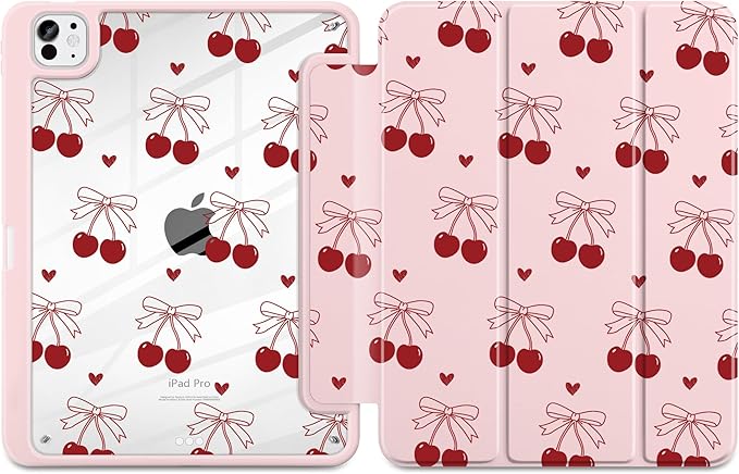 DONGKE for iPad Pro 11-Inch Case (M5 2025 / M4 2024) 6th/5th Generation [Auto Sleep/Wake &amp Pencil Pro Holder] Clear Acrylic Back Smart Trifold Stand Cover Cherry &amp Heart