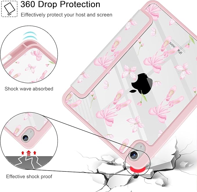 May Chen Slim Case for iPad mini 7 (A17 Pro 7th Generation) 2024 / iPad mini 6 (6th Gen) 8.3 Inch [Built-in Pencil Holder] Shockproof Cover Clear Clear Back Shell Auto Wake/Sleep Ballet Shoes
