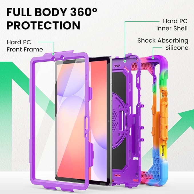SEYMAC Case for Samsung Galaxy Tab S10 Lite/ S10 FE/ S9 FE/ S9 5G (10.9''/11'') Heavy Duty Shockproof Protective Case with Screen Protector Rotating Stand Hand Strap and Pen Holder Purple